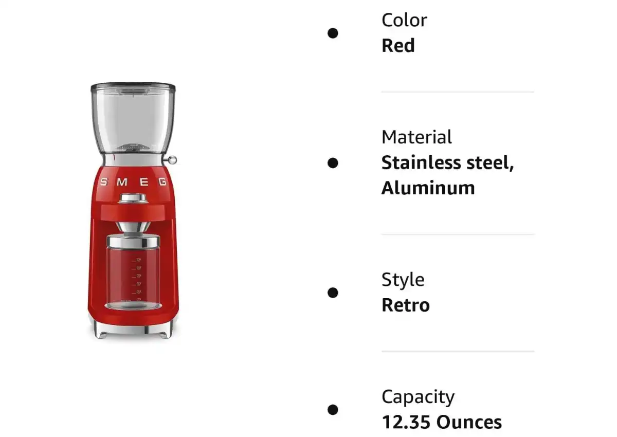 Smeg 50'S Retro Style Aesthetic Coffee Grinder, Cgf01 (Red) Large 2 Smeg 50'S Retro Style Aesthetic Coffee Grinder, Cgf01 (Red) Large - Image 2